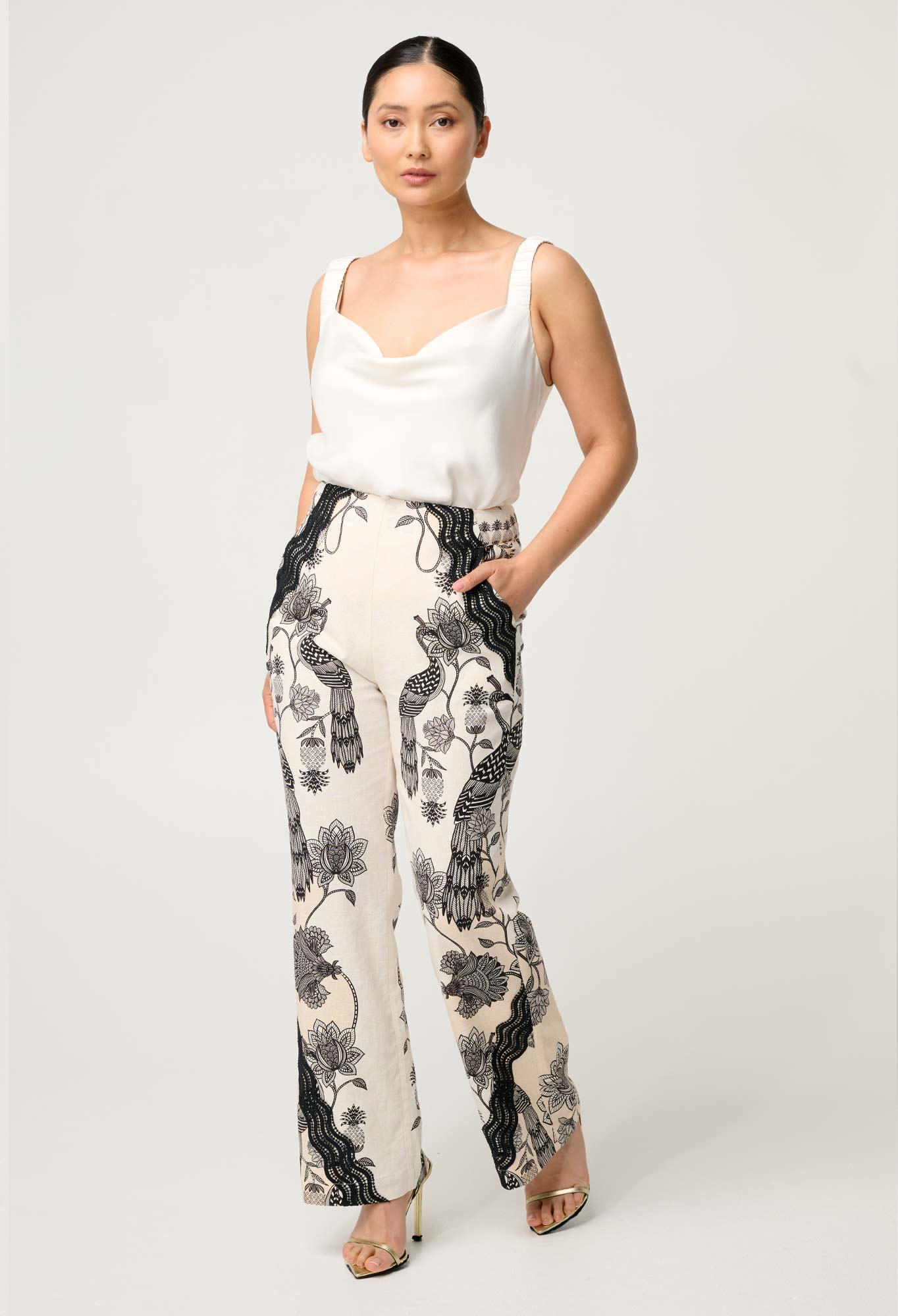 OnceWas PETITE Leandro Contrast Lace Linen Viscose Stretch Pant in Imperial Stone