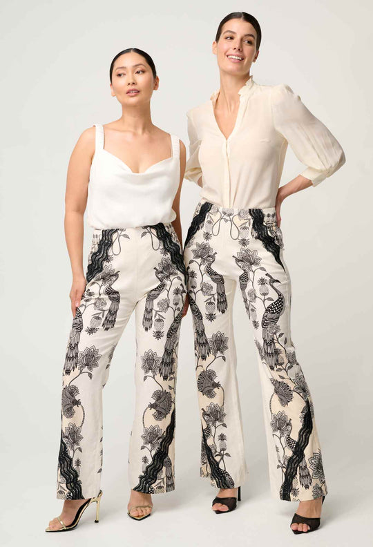 OnceWas PETITE Leandro Contrast Lace Linen Viscose Stretch Pant in Imperial Stone