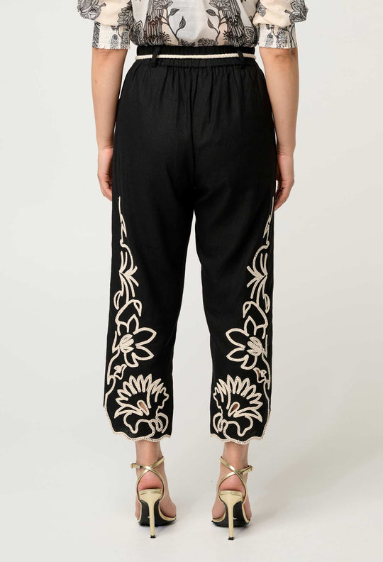 OnceWas PETITE Helm Embroidered Linen Viscose Pant in Black