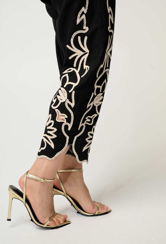 OnceWas PETITE Helm Embroidered Linen Viscose Pant in Black
