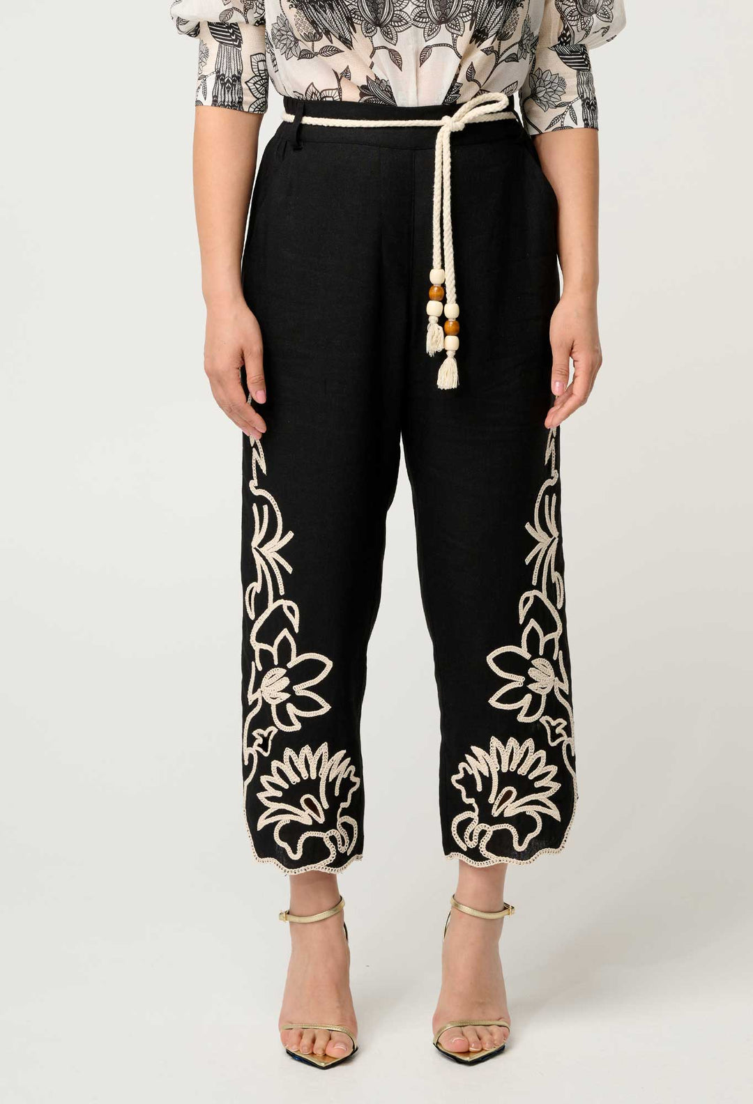 OnceWas PETITE Helm Embroidered Linen Viscose Pant in Black