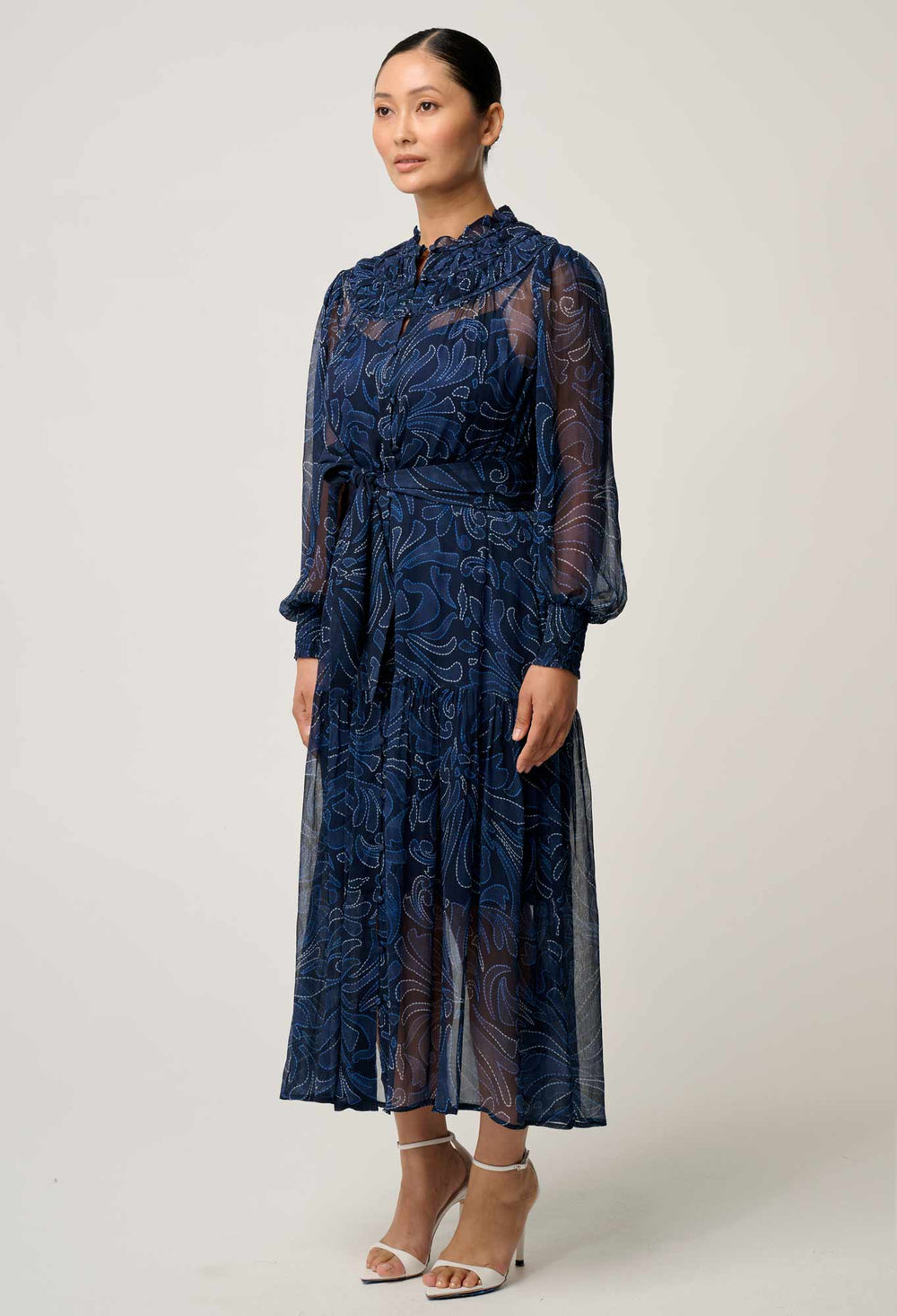 OnceWas PETITE Solana Viscose Chiffon Midi Dress in Altamira