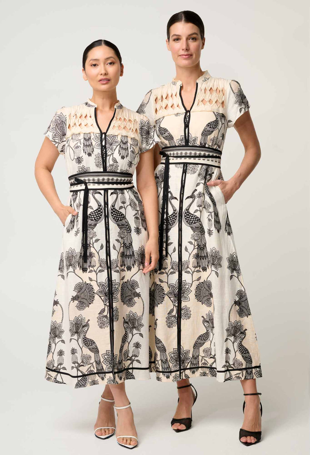 PETITE Xanthia Diamond Smock Yoke Linen Viscose Dress in Imperial Stone