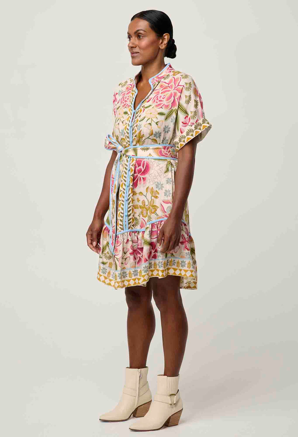 OnceWas PETITE Clementine Linen Viscose Shirt Dress in Azalea Fields