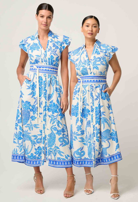 OnceWas PETITE Callista Viscose Dobby Petal Sleeve Dress in Azure Mosaic