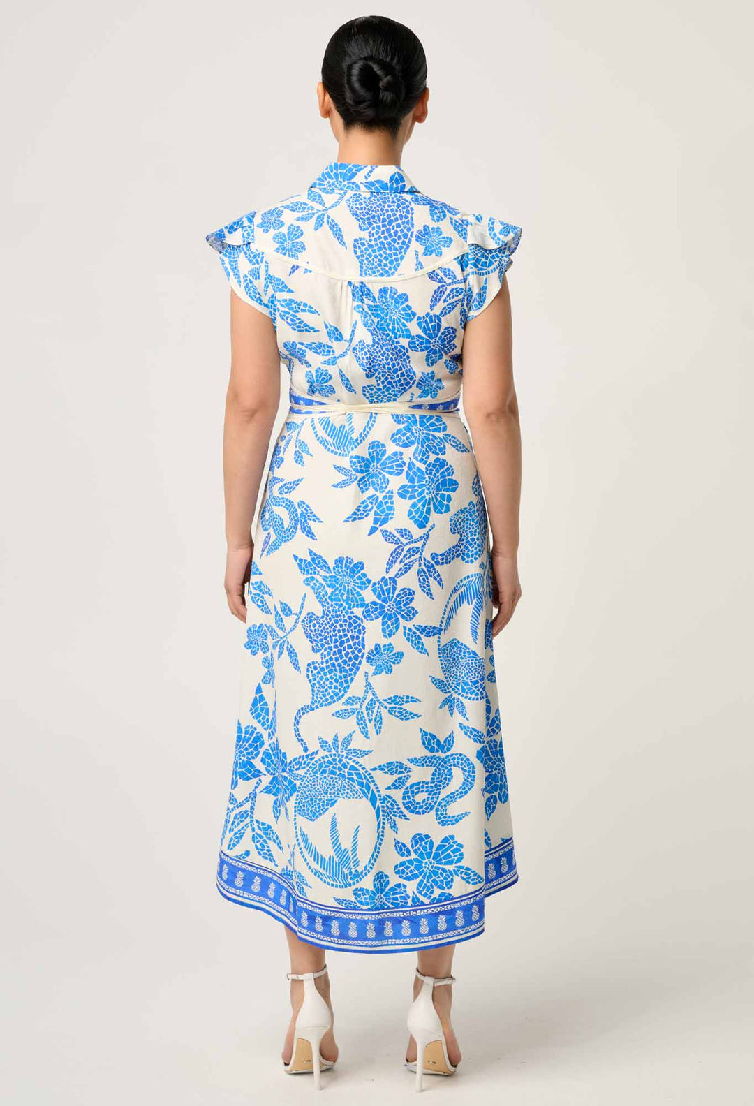 OnceWas PETITE Callista Viscose Dobby Petal Sleeve Dress in Azure Mosaic