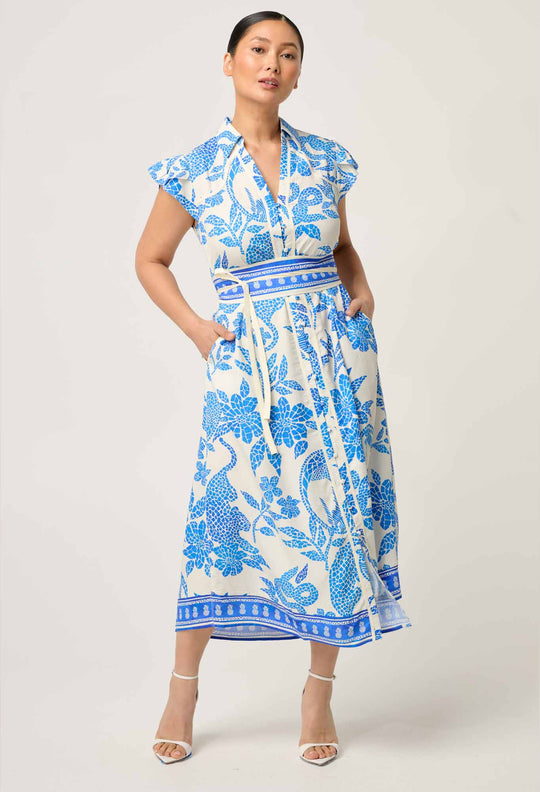 OnceWas PETITE Callista Viscose Dobby Petal Sleeve Dress in Azure Mosaic