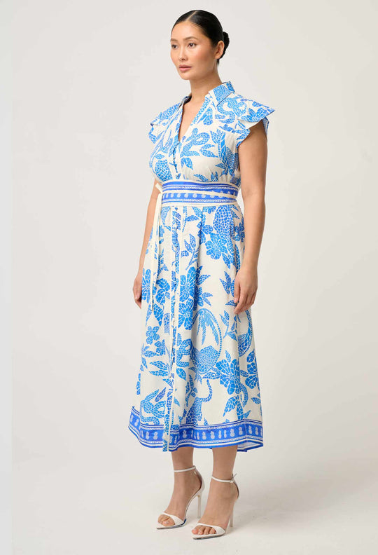 OnceWas PETITE Callista Viscose Dobby Petal Sleeve Dress in Azure Mosaic