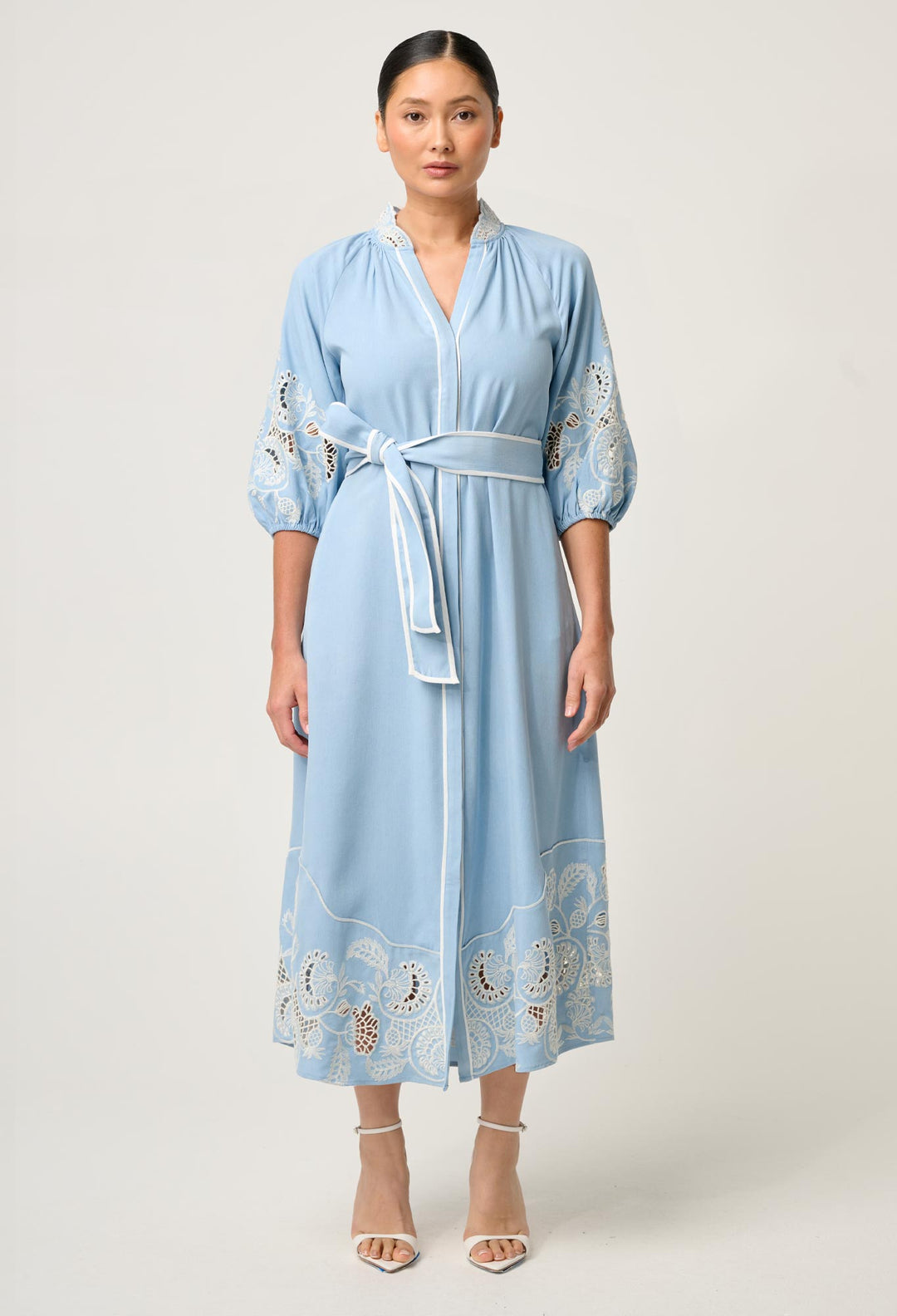 OnceWas PETITE Amara Tencel Embroidered Maxi Dress in Blue Haze