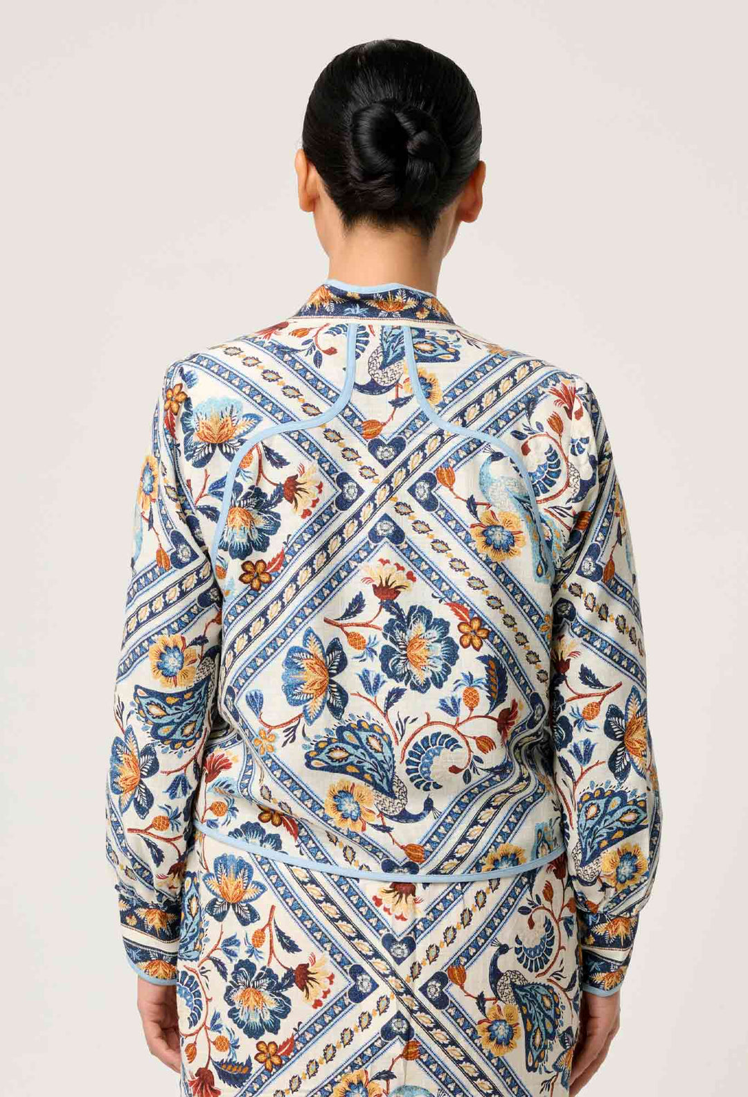 OnceWas PETITE Aurora Reversible Viscose & Tencel Fringe Jacket in Petinos Floros / Blue Ash