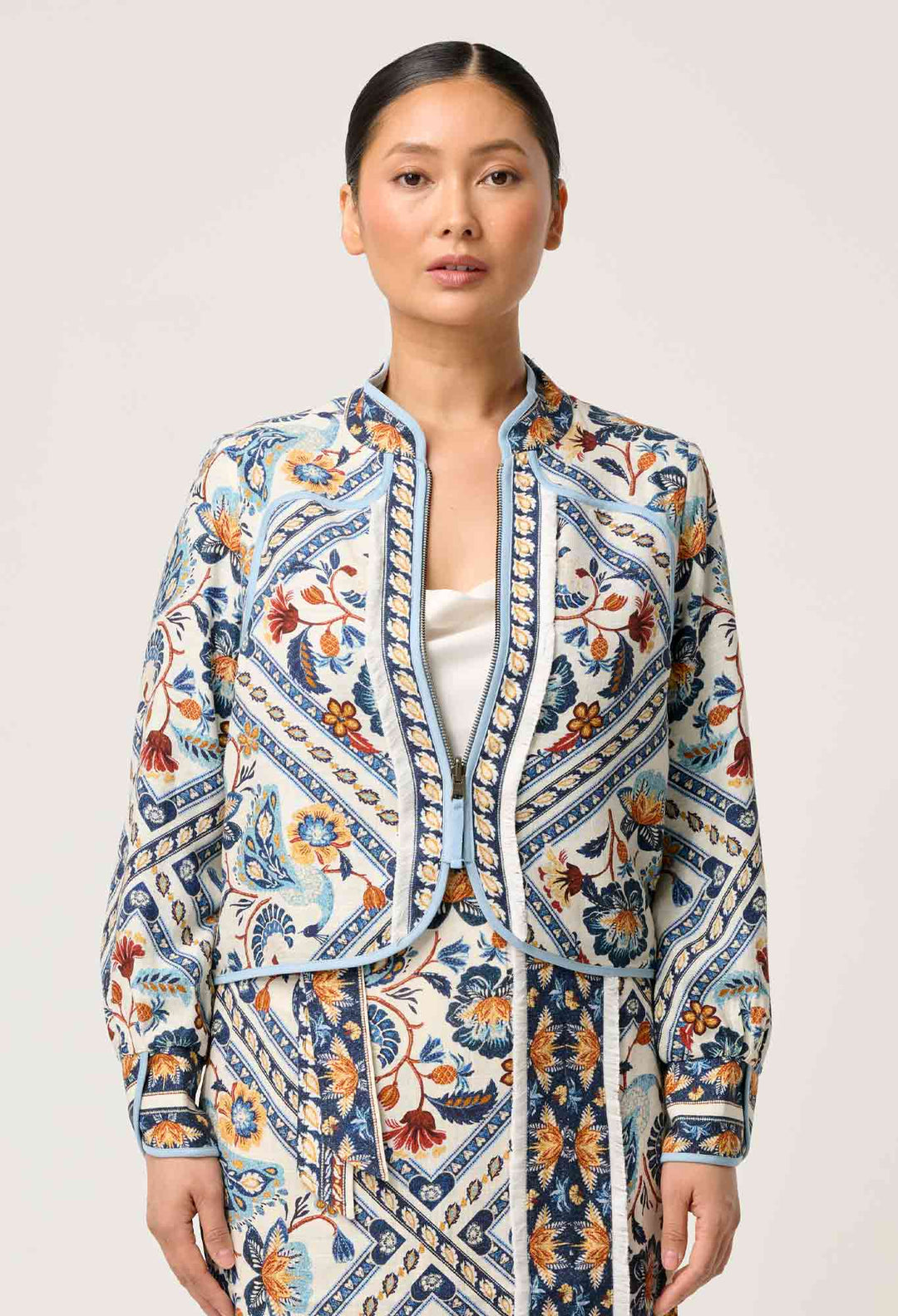OnceWas PETITE Aurora Reversible Viscose & Tencel Fringe Jacket in Petinos Floros / Blue Ash