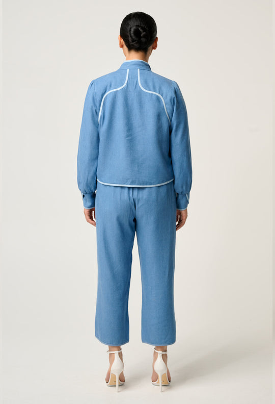 OnceWas PETITE Aurora Reversible Viscose & Tencel Fringe Jacket in Petinos Floros / Blue Ash