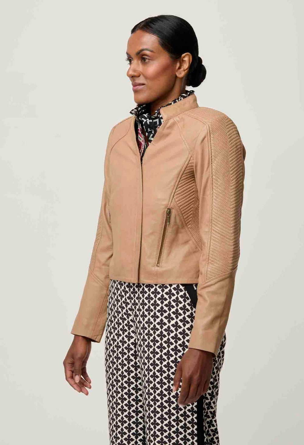 OnceWas PETITE Blaire Leather Herringbone Stitch Jacket in Wheat