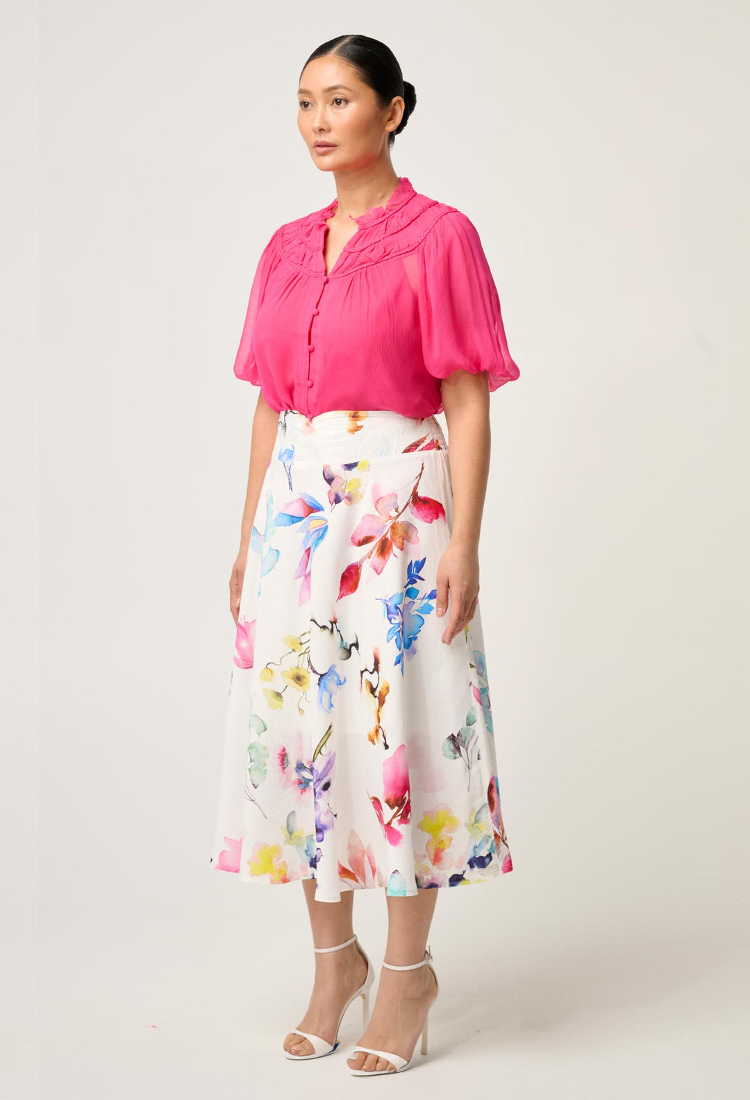 OnceWas PETITE Pandorea Viscose Yoke Skirt in Plume Blossom
