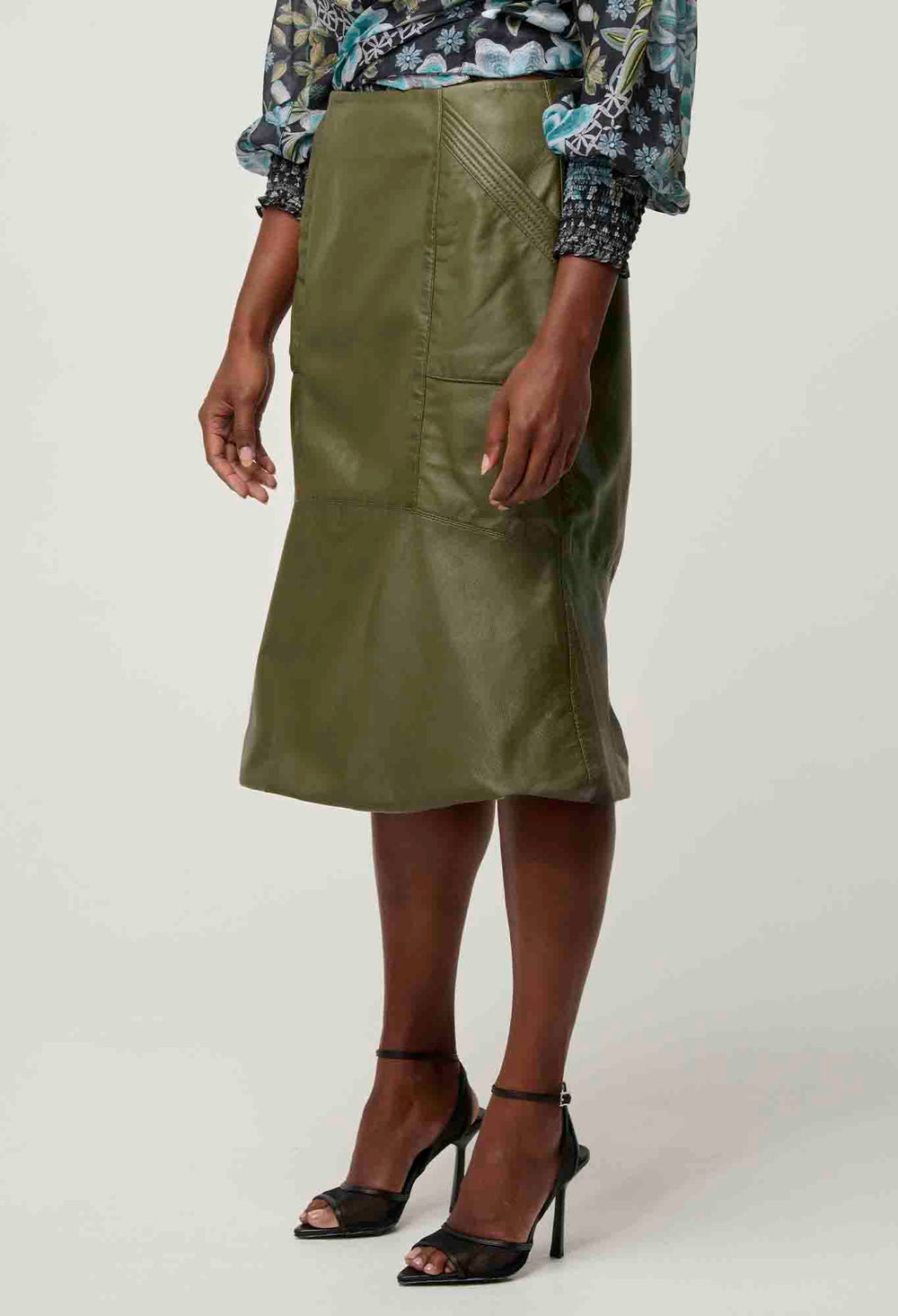 OnceWas PETITE Mabel Leather Skirt in Moss