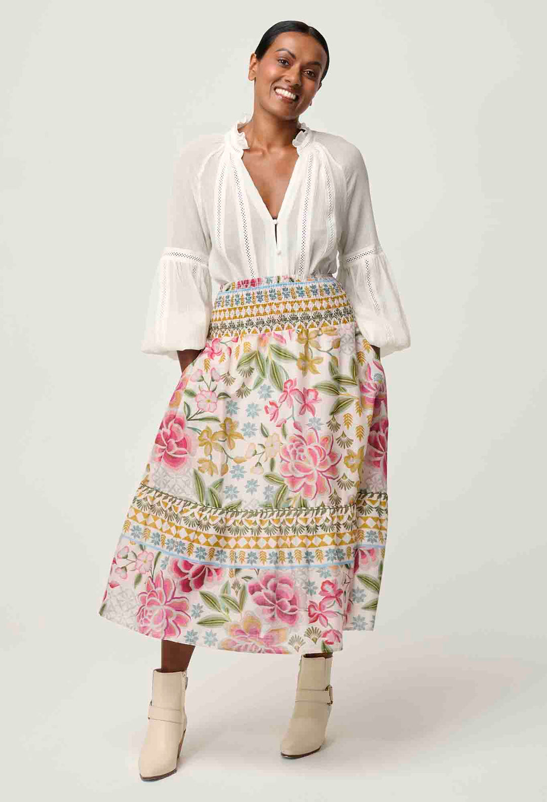 OnceWas PETITE Cordelia Cotton Slub Skirt in Azalea Fields