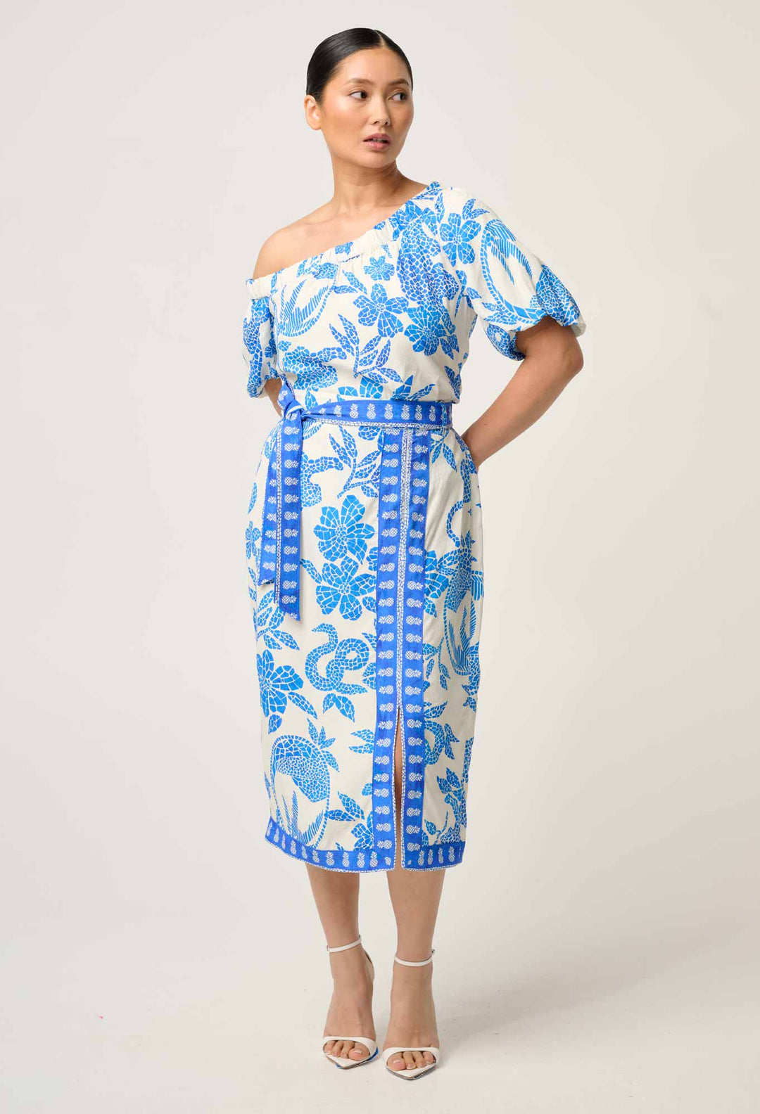 OnceWas PETITE Zenobia Viscose Dobby Midi Skirt in Azure Mosaic