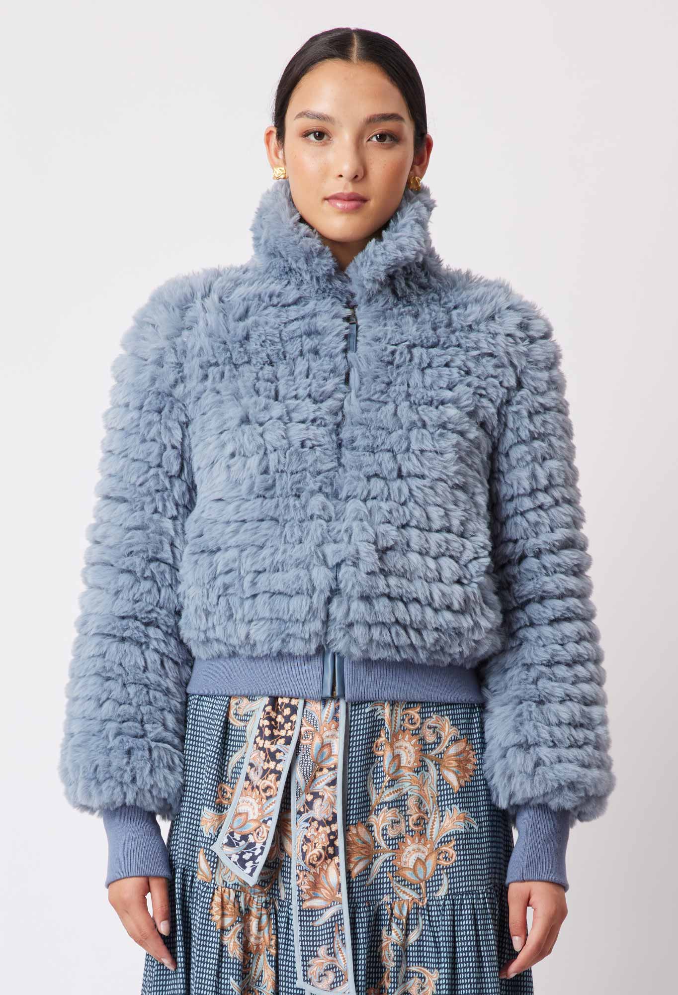 OnceWas Tallitha Faux Fur Bomber Jacket in Sky