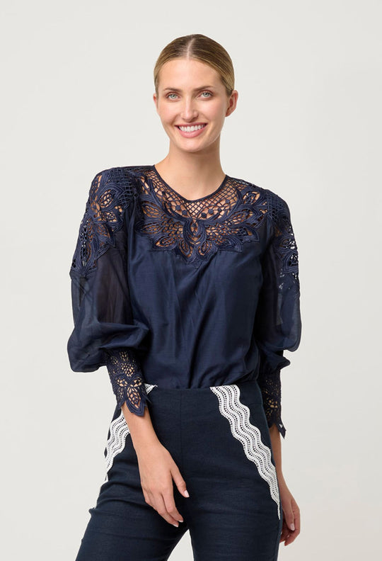 OnceWas Mirador Cotton Silk Blouse in Night Sky