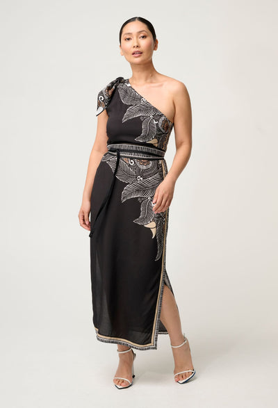 Petite Amira One Shoulder Viscose Faille Dress in Onyx Casablanca
