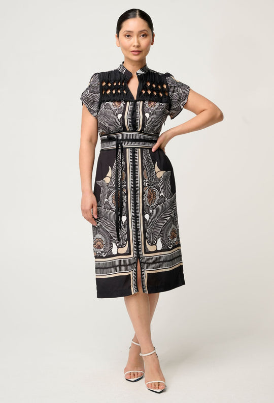 Petite Maha Diamond Smock Yoke Viscose Dress in Onyx Casablanca