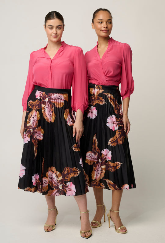 Chloe 100% Silk Criss Cross Cuffed Shirt in Celosia Pink