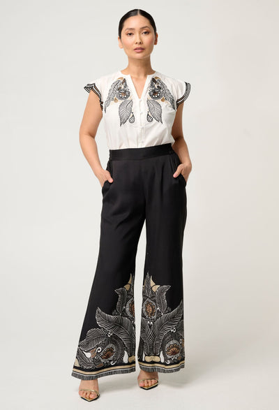 Petite Willow Viscose Faille Contrast Panel Pant in Onyx Casablanca