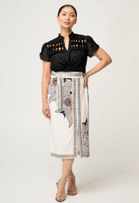 Petite Zenobia Contrast Trim Viscose Dobby Midi Skirt in Ivory Casablanca