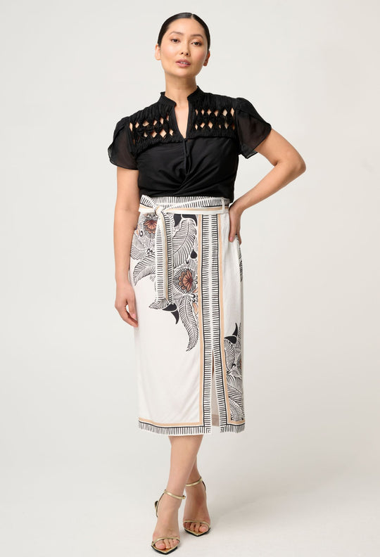 Petite Zenobia Contrast Trim Viscose Dobby Midi Skirt in Ivory Casablanca