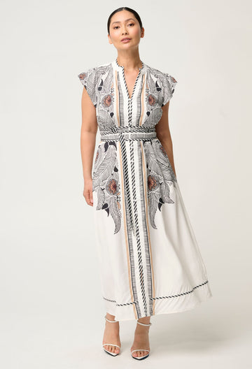 Petite Malika Viscose Flutter Sleeve Dress in Ivory Casablanca