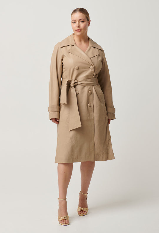 Astra Leather Trench Coat in Oatmeal