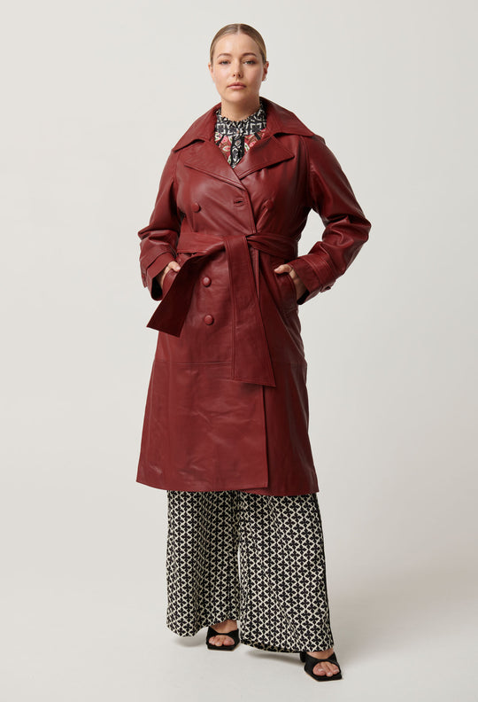 Astra Leather Trench Coat in Scarlet