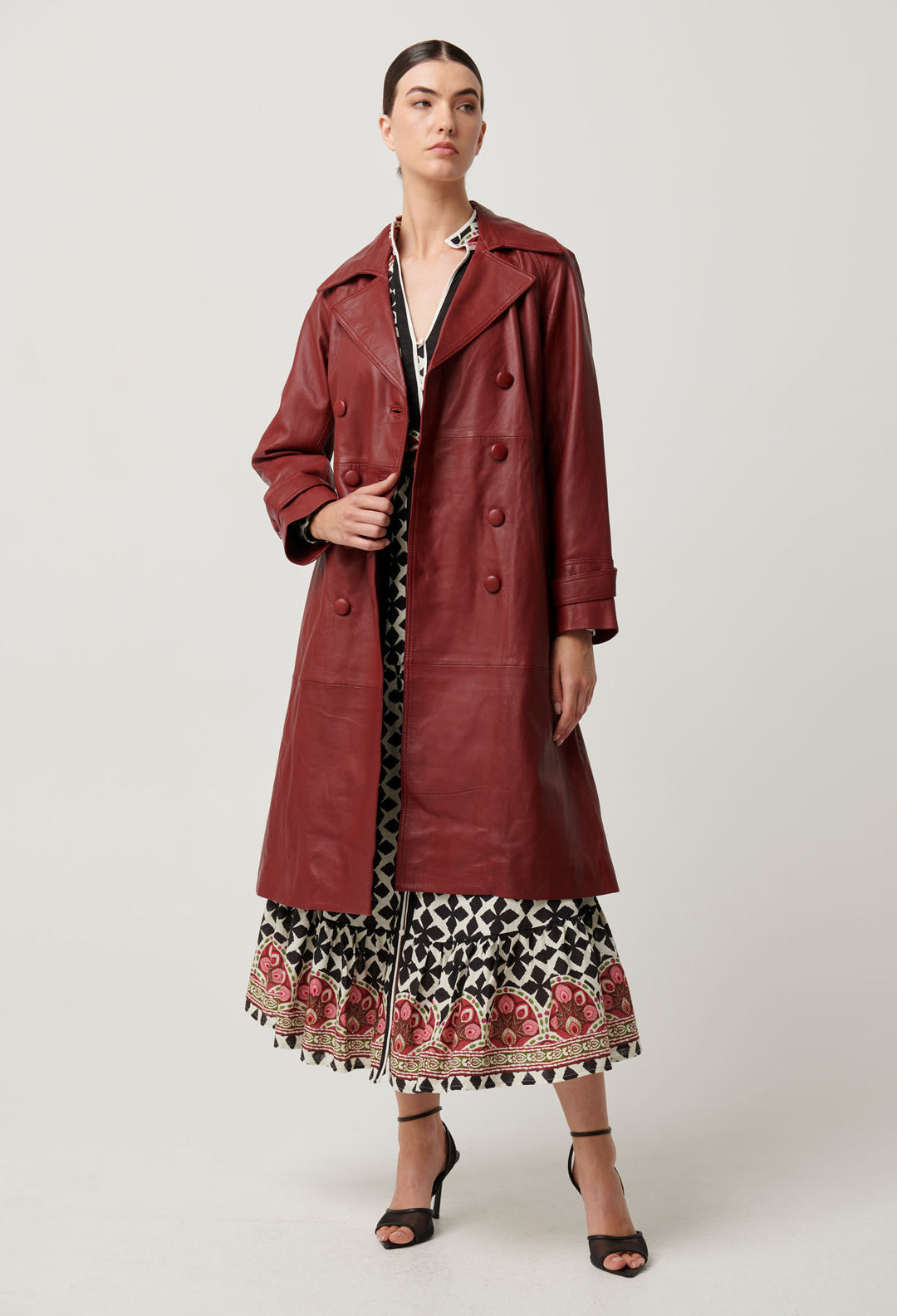 Astra Leather Trench Coat in Scarlet