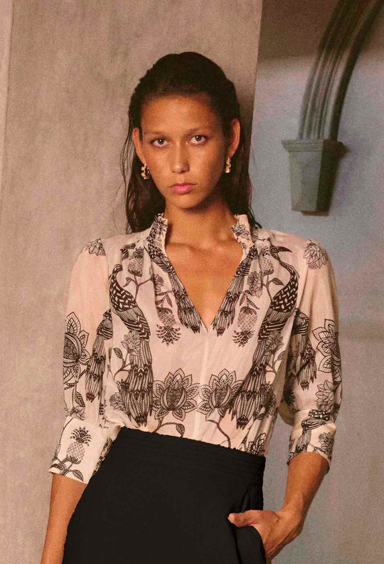 Oleander Cotton Silk Shirred Blouse in Imperial Stone