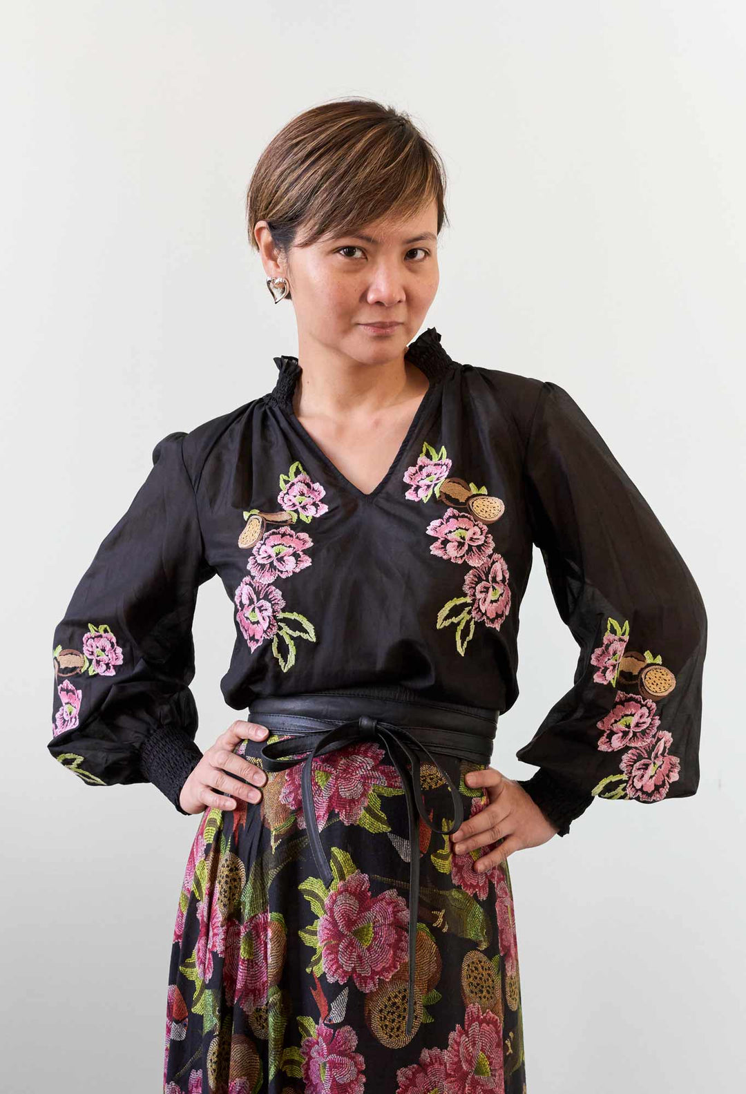 Catalina Embroidered Cotton Silk Blouse in Black Flores
