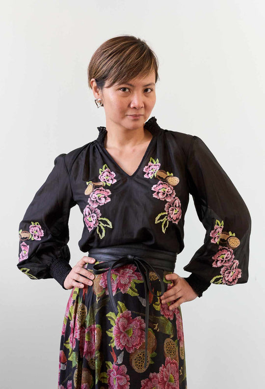 Catalina Embroidered Cotton Silk Blouse in Black Flores