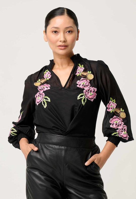 UNDER 5'4 Catalina Embroidered Cotton Silk Blouse in Black Flores