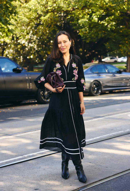 UNDER 5'4 Catalina Embroidered Cotton Silk Dress in Black Flores
