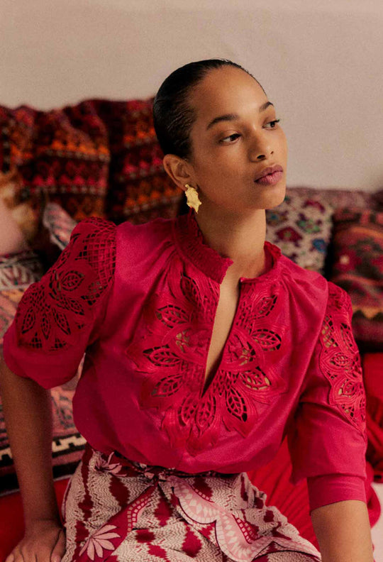 Oleander Cotton Silk Blouse in Ruby