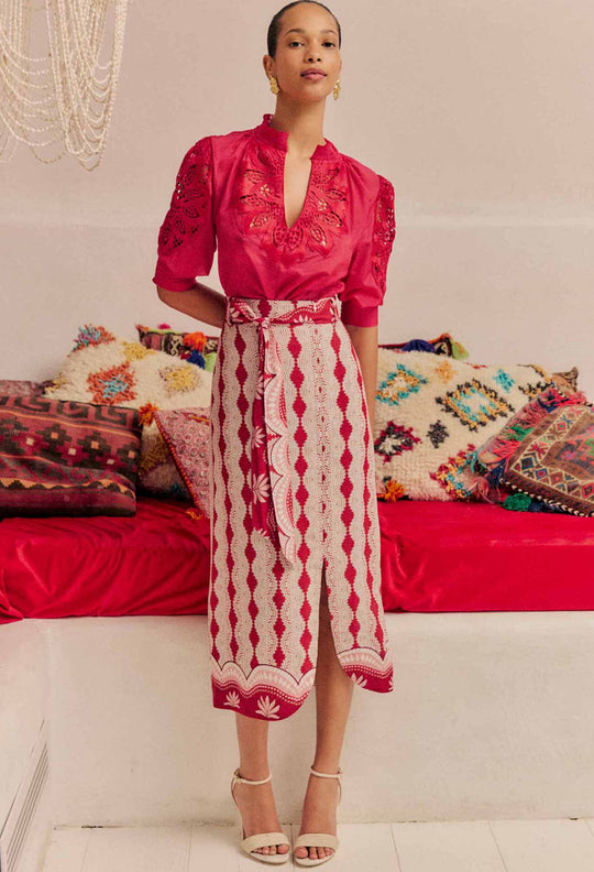 Nora Viscose Midi Skirt in Marrakech Ruby