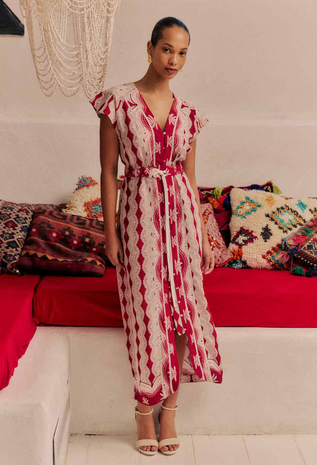 Maya Viscose Midi Dress in Marrakech Ruby – OnceWas Maya Viscose Midi Dress in Marrakech Ruby – OnceWas