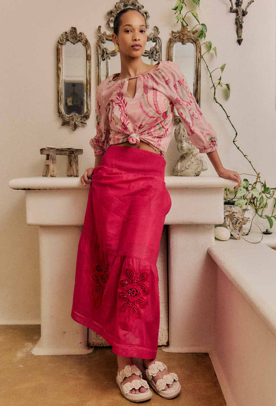 Cordelia Shirred Waist Silk Cotton Skirt in Ruby
