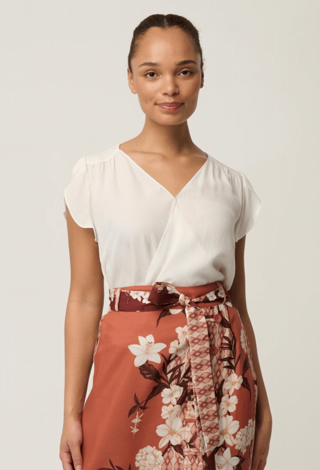 OnceWas Kasia Cupro Crossover Petal Sleeve Blouse in White