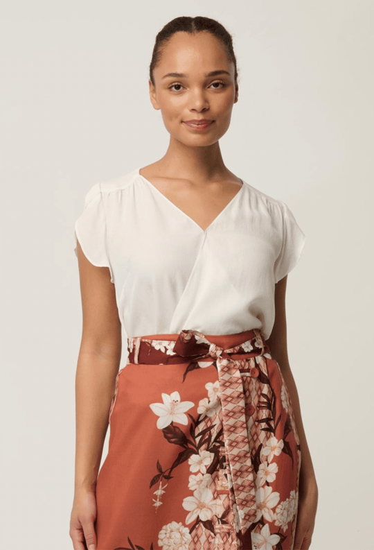 OnceWas Kasia Cupro Crossover Petal Sleeve Blouse in White