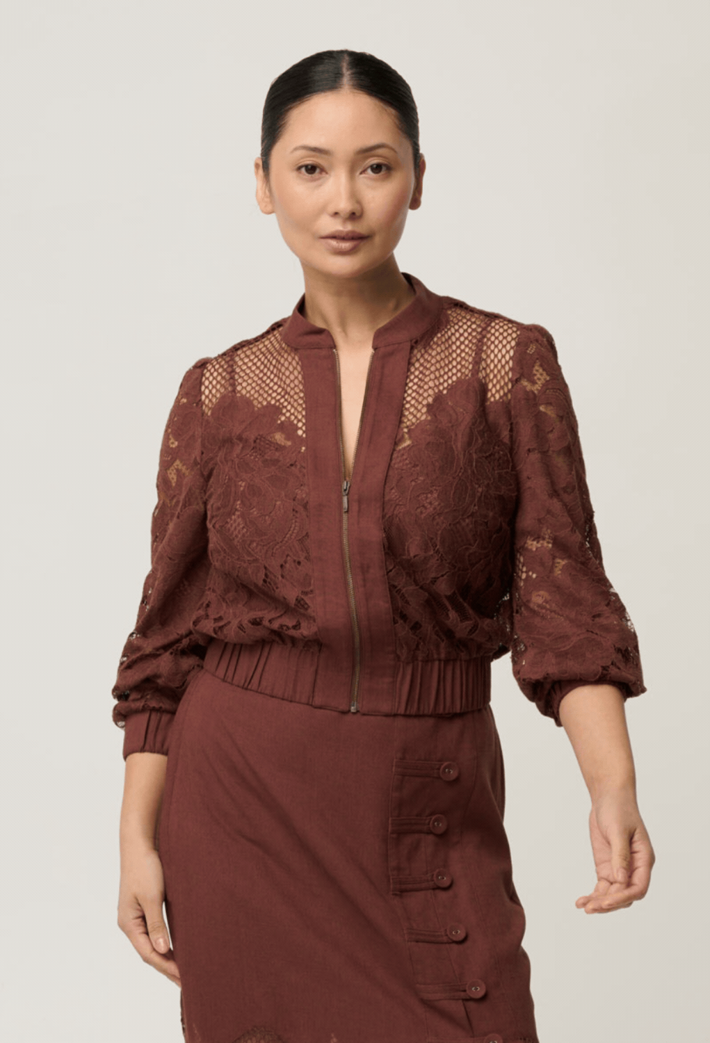 OnceWas UNDER 5'4 Solene Cotton Blend Lace Bomber in Rosewood