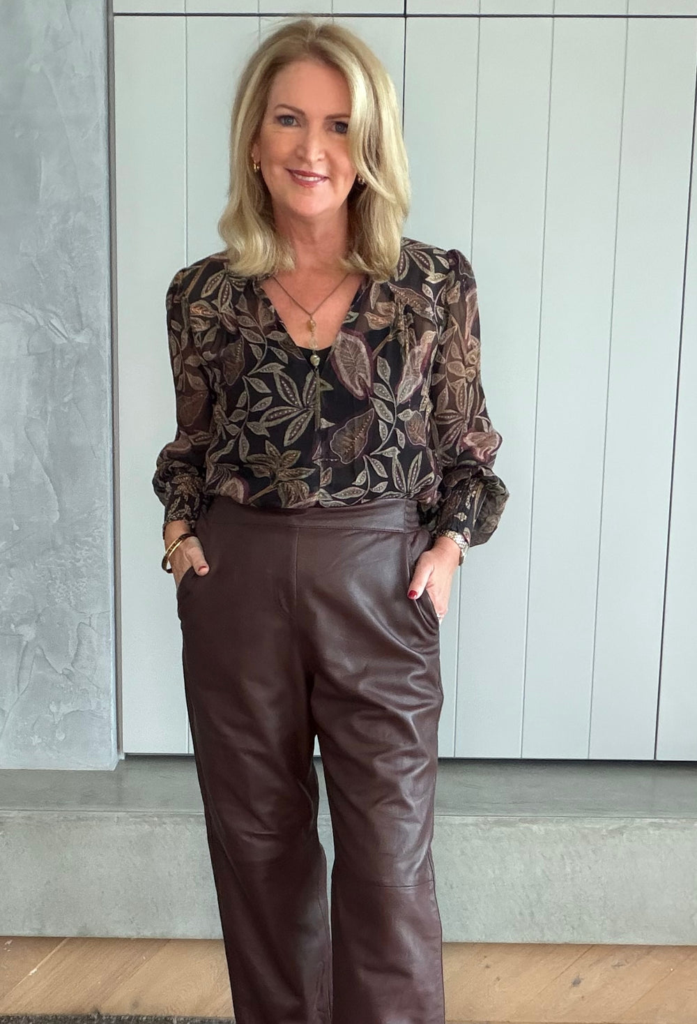 Freya Sheer Viscose Blouse with Embellished Neck in Dark Tropique