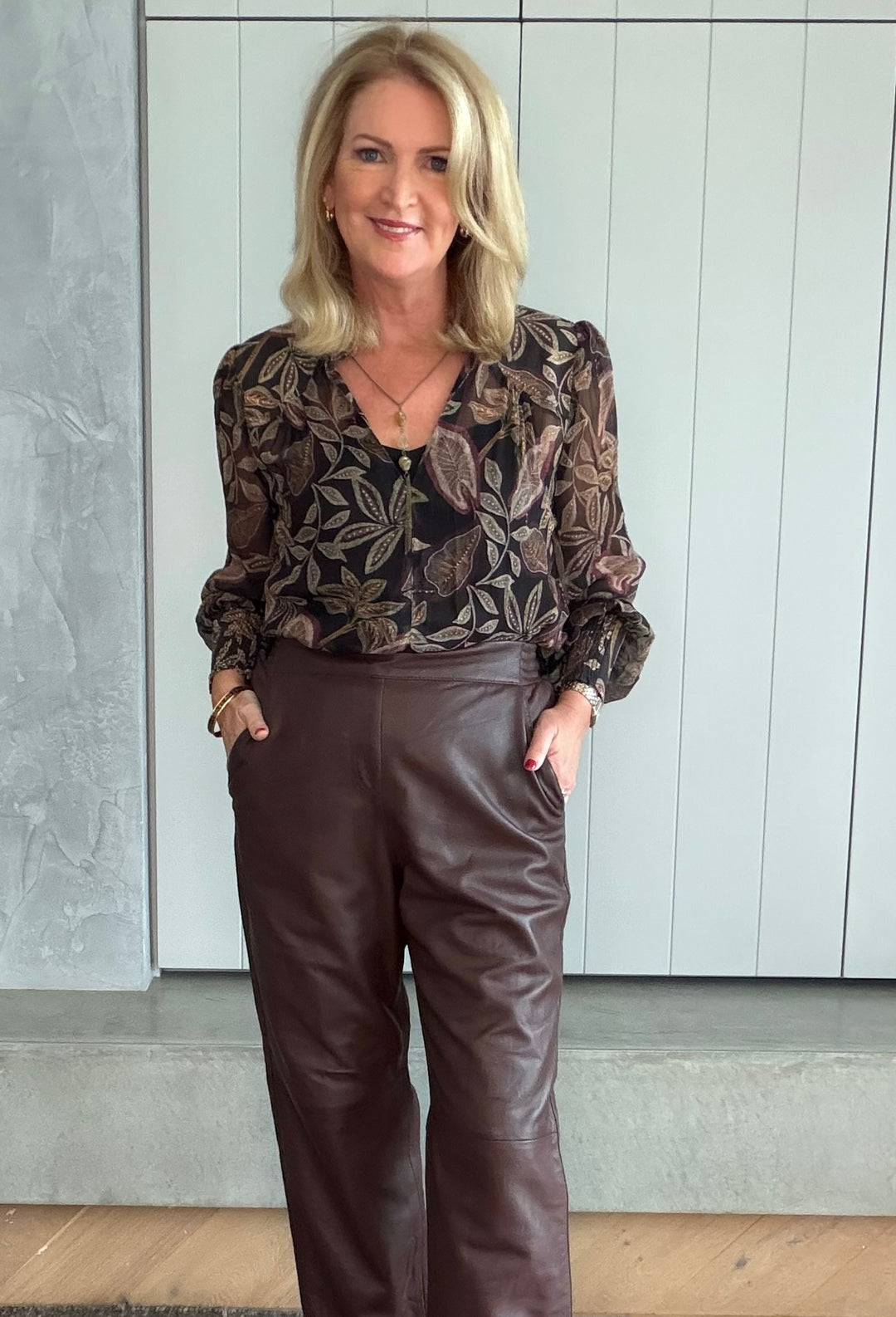 Freya Sheer Viscose Blouse with Embellished Neck in Dark Tropique