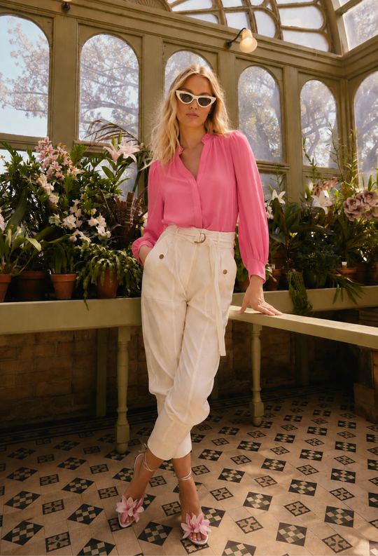 Chloe 100% Silk Criss Cross Cuffed Shirt in Celosia Pink
