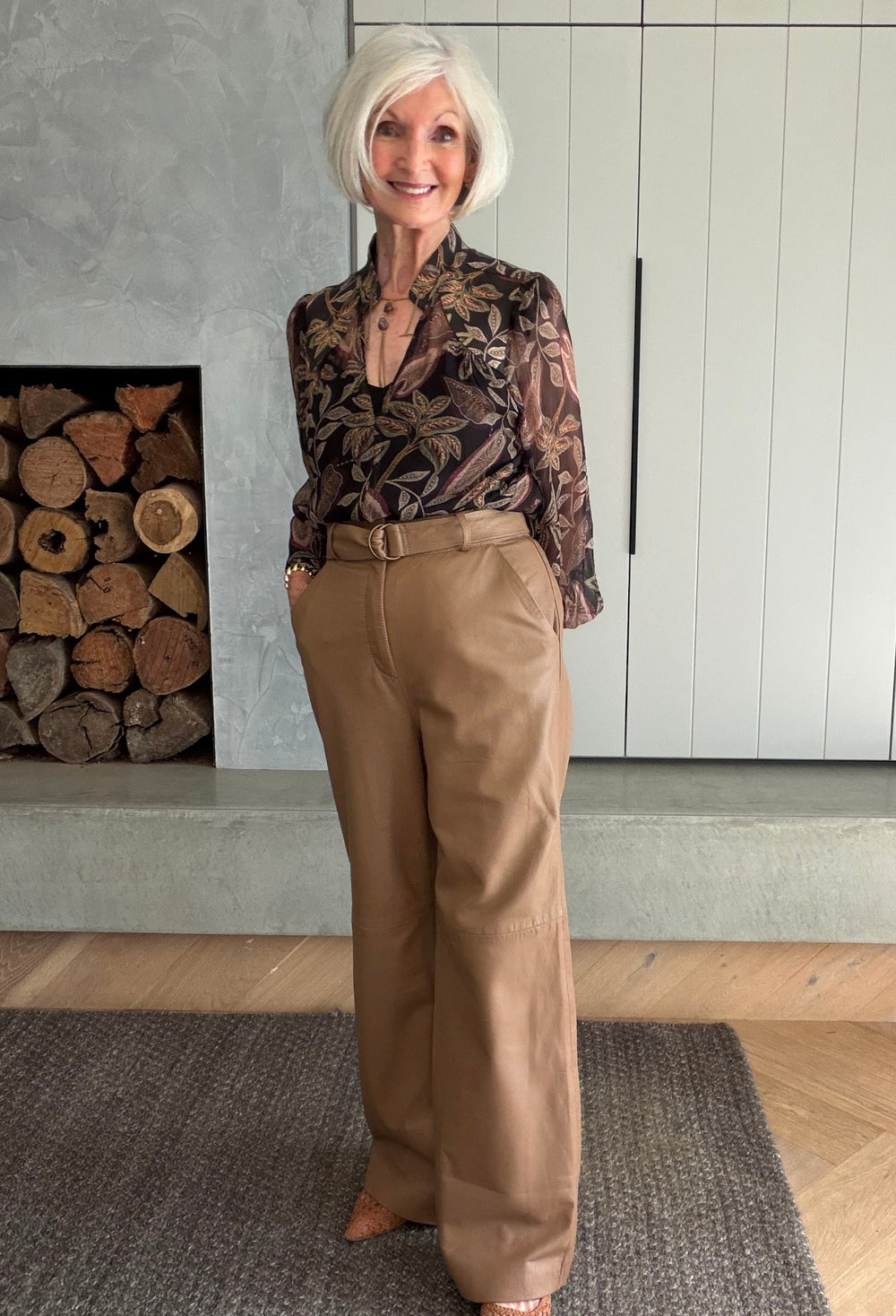 Halston Genuine Leather Belted Straight Leg Pant in Husk