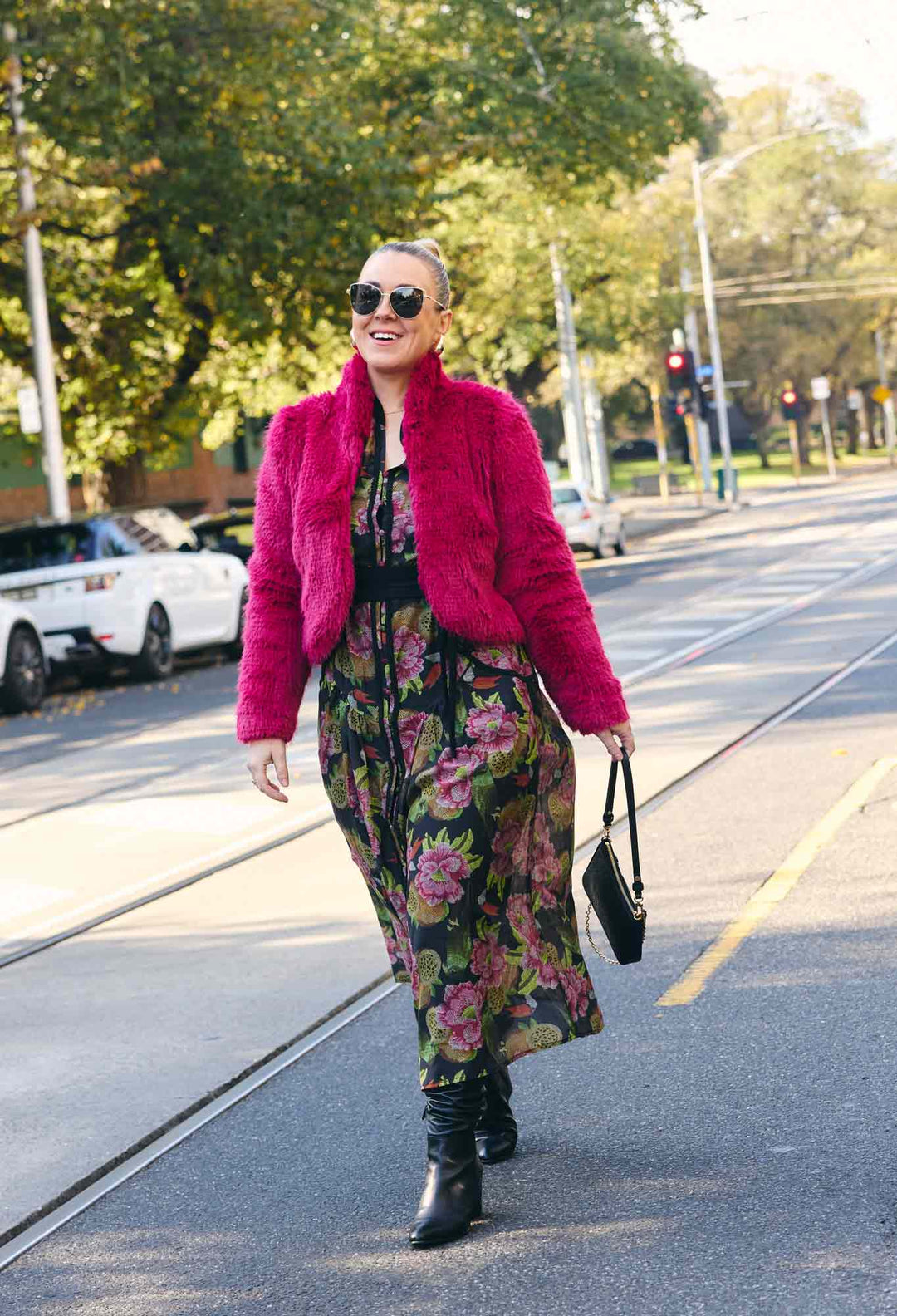 Reina Faux Fur Cropped Jacket in Rosa